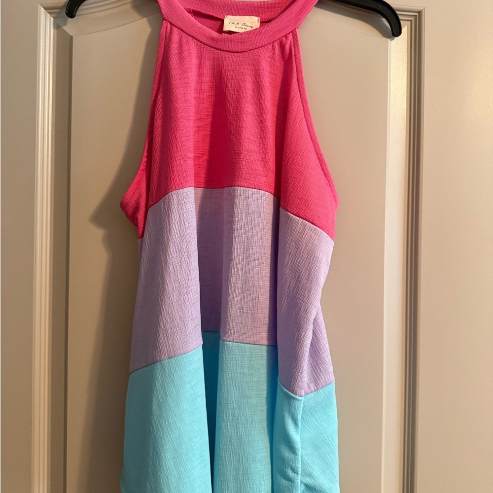 143 Story by Line Up Colorblock Sleeveless Top Medium Pink Purple Teal NWOT